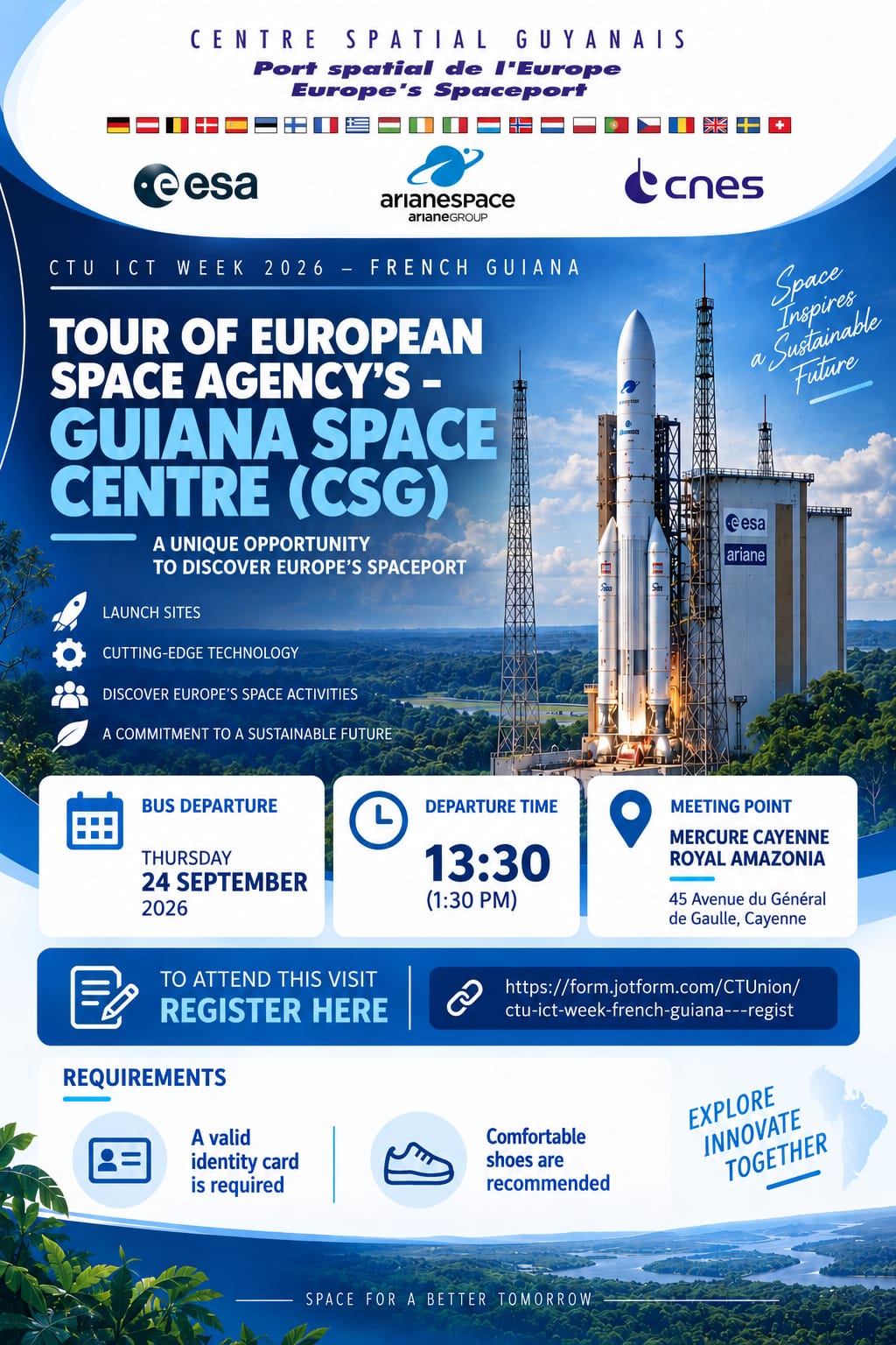 Flyer for the Tour of the European Space Centre in French Guiana which takes place on Thursday 24 September with departure from the Mercure Amazonia Royale at 1:30 pm